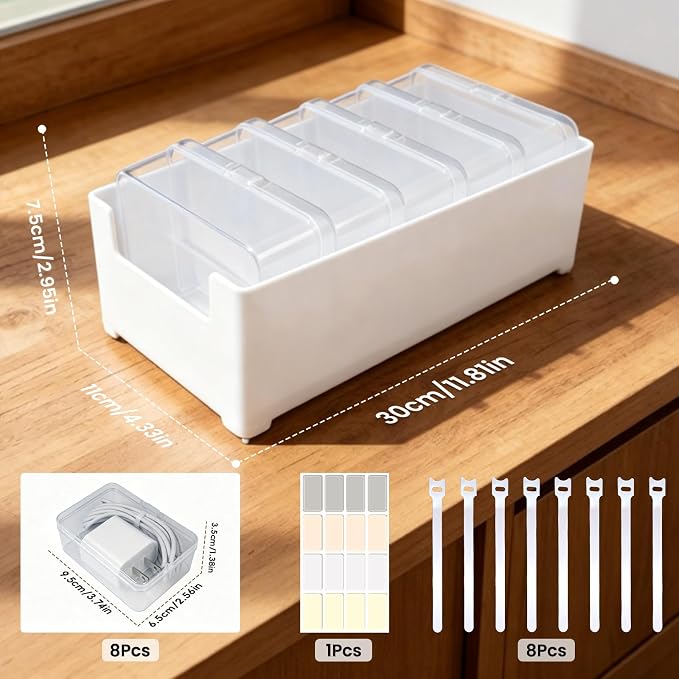 5 Individual Cable Organizer Boxes With Base, Cord Storage Organizer With Labels And Cable Straps For Charging Cables, Adapters, Earphones (5 pcs Individual Cable, 1 Pack)