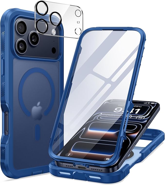 seacosmo for iPhone 17 Pro Case, Full Body Bumper with Built-in Tempered Glass Screen and Camera Lens Protector, Compatible with MagSafe, Shockproof 17 Pro Phone Case, 6.3", Blue Matte