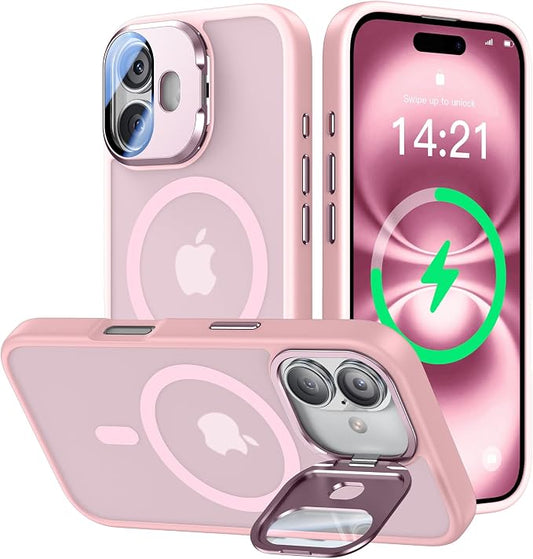 [Upgraded] for iPhone 16 Case with Camera Cover Stand [Fit for MagSafe][9H Camera Lens Protector] Mil-Grade Protection Translucent Matte Silicone Magnetic iPhone 16 Phone Case, Pink