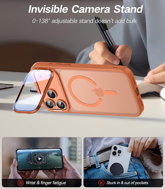 [Upgraded Full Camera Protection] for iPhone 17 Pro Max Case with Camera Cover Stand [Fit for MagSafe][10FT Mil-Grade Protection] Translucent Magnetic iPhone 17 Pro Max Phone Case, Orange
