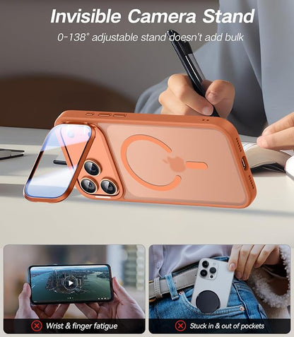 [Upgraded Full Camera Protection] for iPhone 17 Pro Max Case with Camera Cover Stand [Fit for MagSafe][10FT Mil-Grade Protection] Translucent Magnetic iPhone 17 Pro Max Phone Case, Orange
