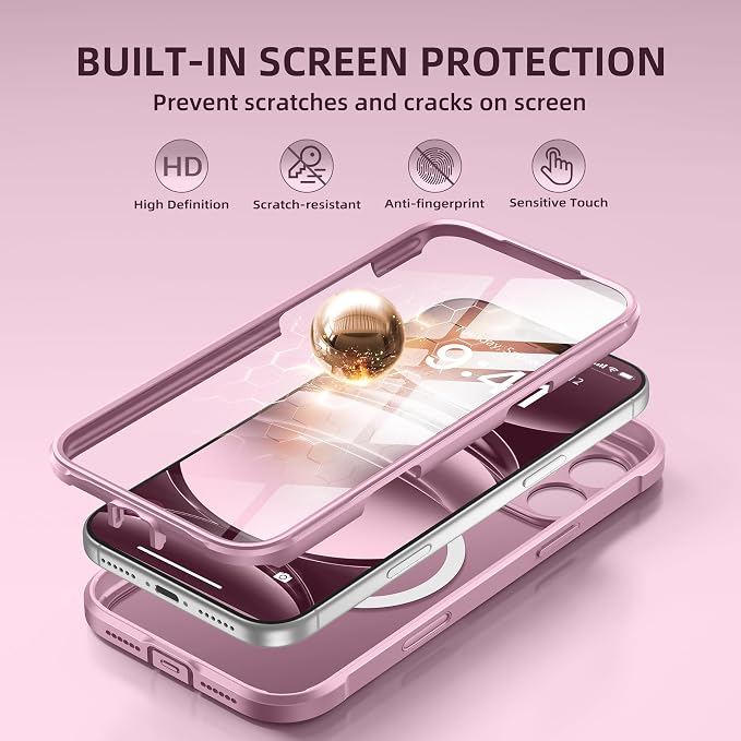 BERFY for iPhone 17 Pro Max Case, Compatible with MagSafe, Built-in Glass Screen Protector, Camera Protection, Shockproof Full Body Phone case 6.9", Translucent Palevioletred
