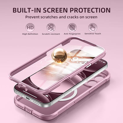 BERFY for iPhone 17 Pro Max Case, Compatible with MagSafe, Built-in Glass Screen Protector, Camera Protection, Shockproof Full Body Phone case 6.9", Translucent Palevioletred