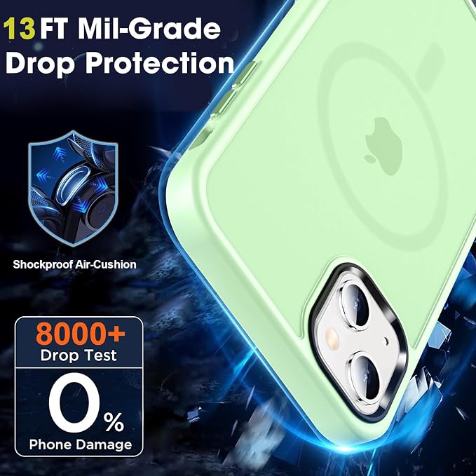 MOCCA Strong Magnetic for iPhone 13 Case, [Compatible with Magsafe][Screen Protector+Camera Lens Protector] Translucent Matte Back Slim Shockproof Case for iPhone 13 Phone Case 6.1", Light Green