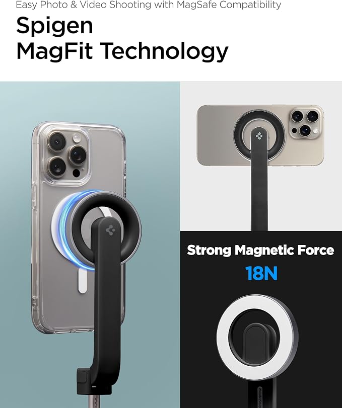 Spigen Selfie Stick Tripod Stand with Bluetooth Remote Control Shutter 24" Extendable Compatible with MagSafe iPhone 17/16/15/14/13/12 Pixelsnap Pixel 10 Series & More - Black (S571W)