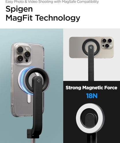 Spigen Selfie Stick Tripod Stand with Bluetooth Remote Control Shutter 24" Extendable Compatible with MagSafe iPhone 17/16/15/14/13/12 Pixelsnap Pixel 10 Series & More - Black (S571W)