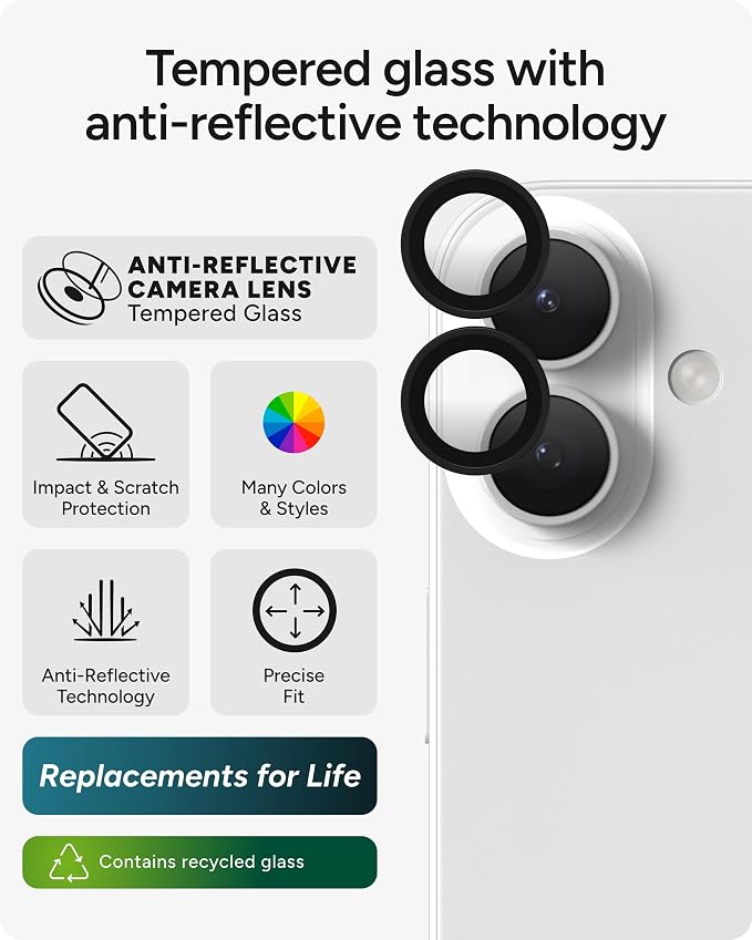 ZAGG iPhone Camera Lens Protector for iPhone 17/16/ 16 Plus - Black, Camera Ring, Maximum Impact & Scratch Protection, Anti-Reflective Technology, Smudge-Resistant, Precise Fit, Glass Elite