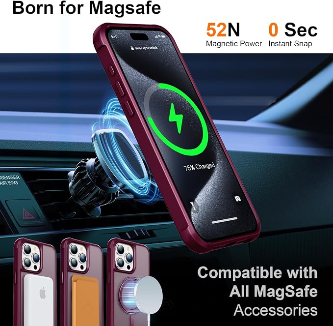 360° Magnetic Swivel Ring for iPhone 15 pro case, Built-in Metal Stand and Ring Holder, Magsafe Compatible, Military Grade Protection, Shock and Vibration Resistant - Wine Red