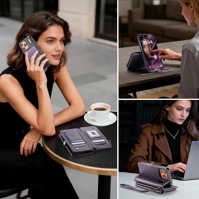 Strapurs for iPhone 17 Pro Detachable Wallet Case Compatible with Magsafe, RFID Blocking 9-Card Holder Zipper Wrist Strap Lanyard PU Leather Magnetic Phone Case for iPhone 17 Pro 6.3", Purple