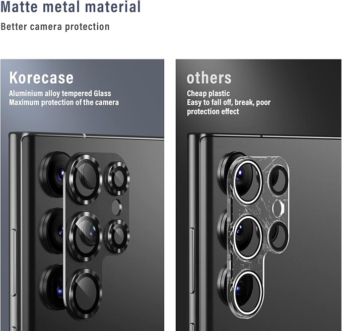 Korecase Designed for Samsung Galaxy S23 Ultra Camera Lens Protector Tempered Glass Lens Film, 3D 9H Hardness Aluminum Metal Camera Cover,Strong Stickiness Case Friendly,Black
