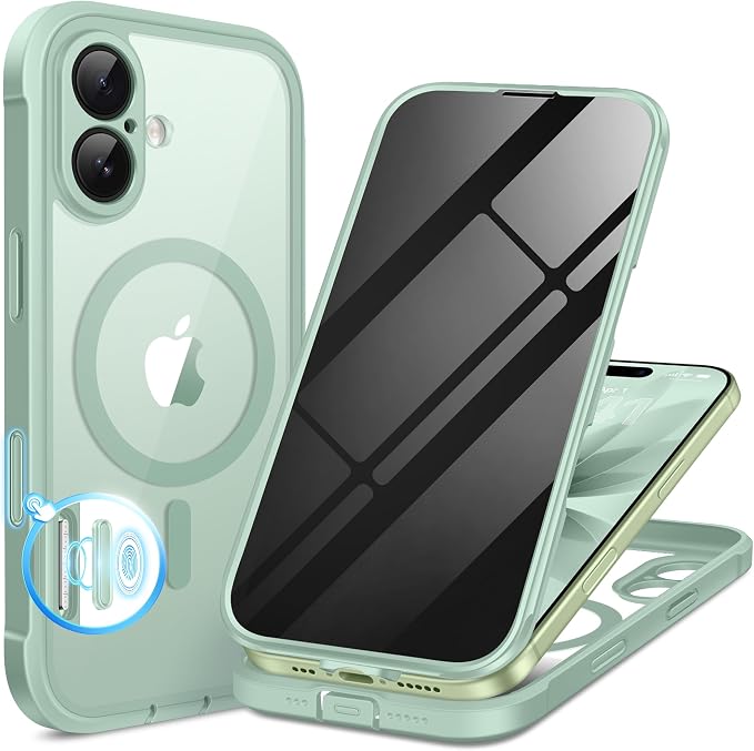 BERFY for iPhone 17 Case, Compatible with MagSafe, Built-in Privacy Screen Protector, Camera Protection, Shockproof Full Body Phone Case 6.3", Clear Green