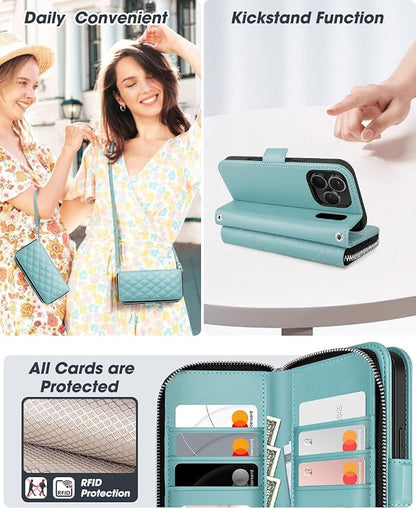 OCASE for iPhone 17 Pro Crossbody Wallet Case - Stylish PU Leather Handbag Phone Purse with Zipper Closure, Card Slots & RFID Blocking - Wrist Strap, Lanyard, Kickstand - Diamond Check Green