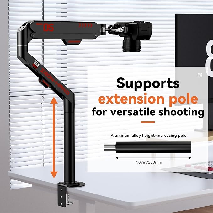 Overhead Camera Mount with 360° Adjustable Arm & Phone Holder for TikTok Live Streaming Photography Studio Content Creation, Desk Mount for for DSLR Camera/Webcam/Microphone, Black