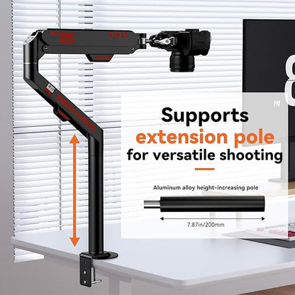 Overhead Camera Mount with 360° Adjustable Arm & Phone Holder for TikTok Live Streaming Photography Studio Content Creation, Desk Mount for for DSLR Camera/Webcam/Microphone, Black