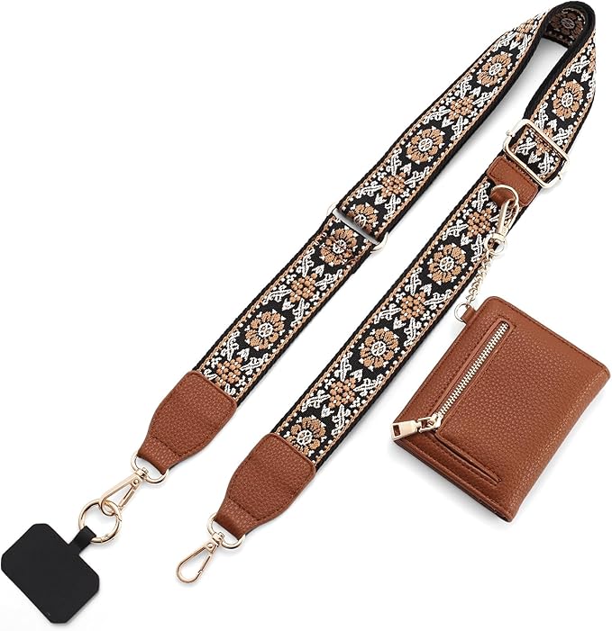 Diaclara Clip and Go Phone Strap with Zipper Pouch- Stylish Crossbody Adjustable Chain Lanyard with Leather Wallet for All Phones, Brown and Orange Pattern