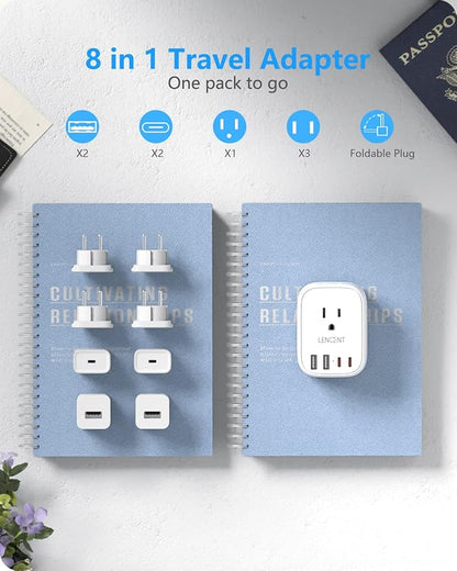 LENCENT European Travel Plug Adapter US to Europe Type-C Foldable Plug | with 4 Outlets 4 USB Ports (2 USB C), Power Adaptor for USA to EU Euro Iceland Spain Italy France Germany Greece Portugal