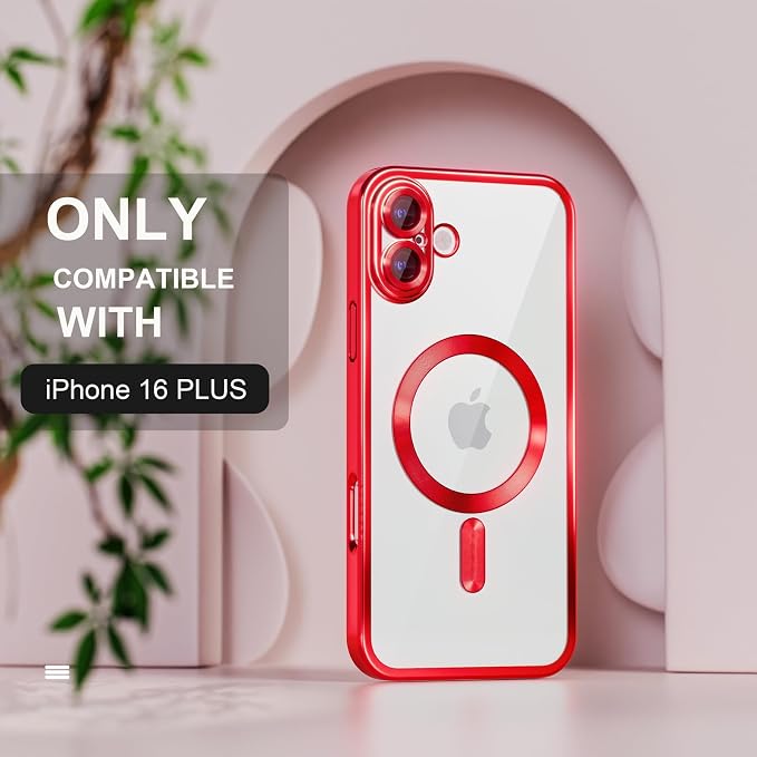 Misea Magnetic for iPhone 16 Plus Case Compatible with MagSafe [Never Yellowing] [Military Grade Drop Protection] Full Camera Lens Protector Plating Soft Clear Phone Case for Women 6.7", Red