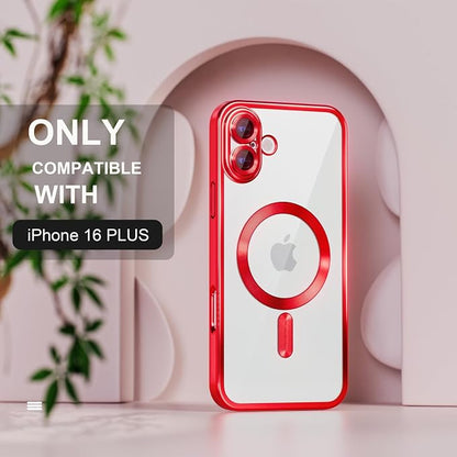 Misea Magnetic for iPhone 16 Plus Case Compatible with MagSafe [Never Yellowing] [Military Grade Drop Protection] Full Camera Lens Protector Plating Soft Clear Phone Case for Women 6.7", Red