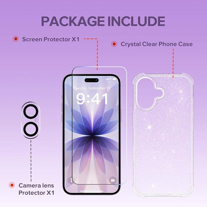 BERFY for iPhone 17 Case for Women, Clear Glitter Shockproof Protective Case, Anti-Yellowing, with Screen Protector & Camera Lens Protector 6.3", Sparkle Clear