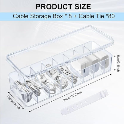 Tatuo 8 Pcs Cord Organizer for Drawer Desktop, Cable Organizer Box with 8 Compartments and Wire Ties, Plastic Charger Storage with Lid, Electronics Case for Home Office Accessories (Small,Clear)