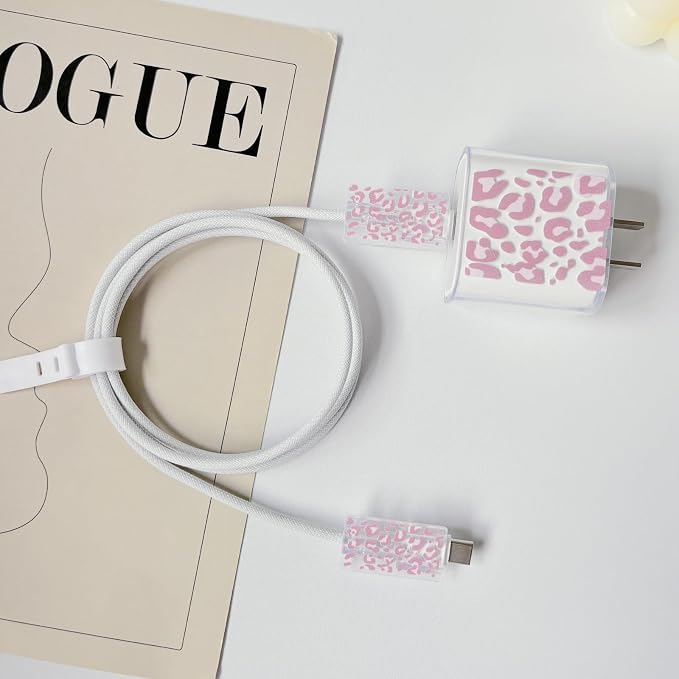 Lovmooful Compatible for iPhone 18W/20W USB-C Charger Cover Clear Lovely Leopard Design Soft Charger Protector Cute Cable Case Saver Protector for Girls Women-Pink Leopard