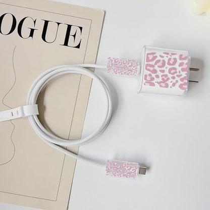 Lovmooful Compatible for iPhone 18W/20W USB-C Charger Cover Clear Lovely Leopard Design Soft Charger Protector Cute Cable Case Saver Protector for Girls Women-Pink Leopard