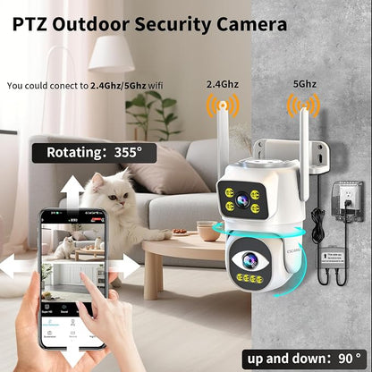 Dual Lens Security Camera Outdoor,WiFi Camera for Home Security,Home Survaillance Outdoor,PTZ,2-Way Audio, Auto Tracking,Night Vision,24/7 Continous Record,IP65 Weather Proof