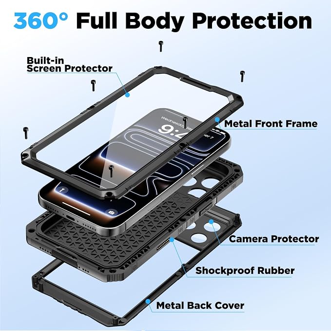 Beasyjoy for iPhone 17 Pro Case Waterproof, Heavy Duty Metal Case with Built-in Screen Protector, Full Body Rugged Military Grade Shockproof Dustproof Cover for Construction Outdoor 6.3", Black