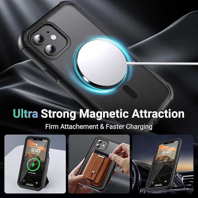 jaroco Magnetic for iPhone 12/12 Pro Case, [Compatible with MagSafe][Military Grade Drop Protection][Heavy Duty Protection][Non-Slip][Shockproof] 2-Layer Durable Bumper Phone Case 6.1''-Black