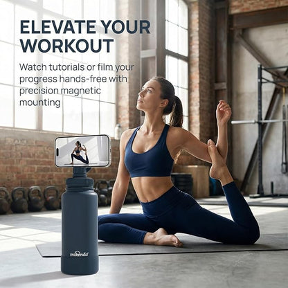 32oz Insulated Tumbler with Magnetic Phone Holder, Gym Water Bottle | Leak Proof Lid, 24hr Cold & 12hr Hot, Non-Slip Base | Travel Mug, Reusable & Eco-Friendly (indigo, 32, ounces)