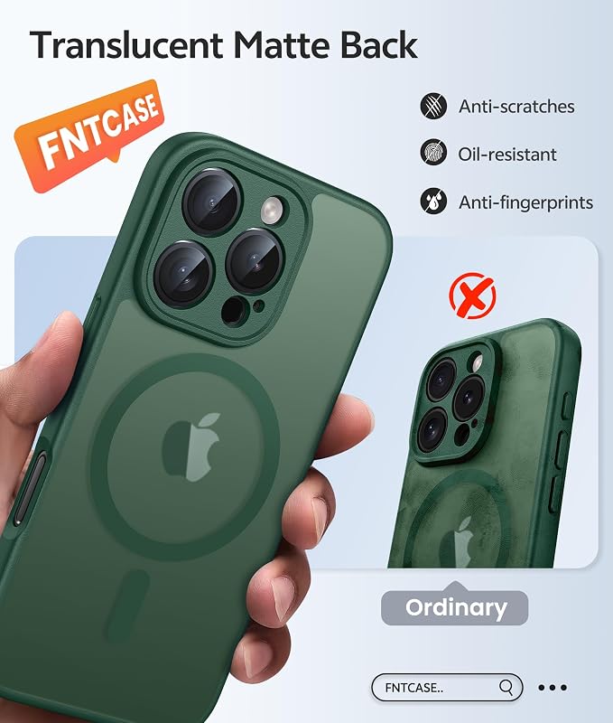 FNTCASE for iPhone 16 Pro Case: [Compatible with Magsafe] Translucent Matte Cases with [Full Camera Protection] [Screen Protector] Military Grade Shockproof Protective Phone Cover - Green