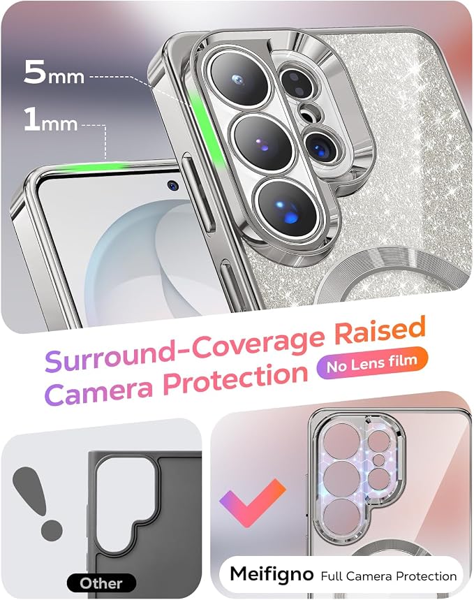 Meifigno Magnetic Case Designed for Samsung Galaxy S26 Ultra 6.9", [Compatible with MagSafe] [Removable Glitter Card & Wrist Strap], Surround Lens Protection Case for Galaxy S26 Ultra, Silver