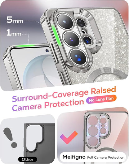 Meifigno Magnetic Case Designed for Samsung Galaxy S26 Ultra 6.9", [Compatible with MagSafe] [Removable Glitter Card & Wrist Strap], Surround Lens Protection Case for Galaxy S26 Ultra, Silver