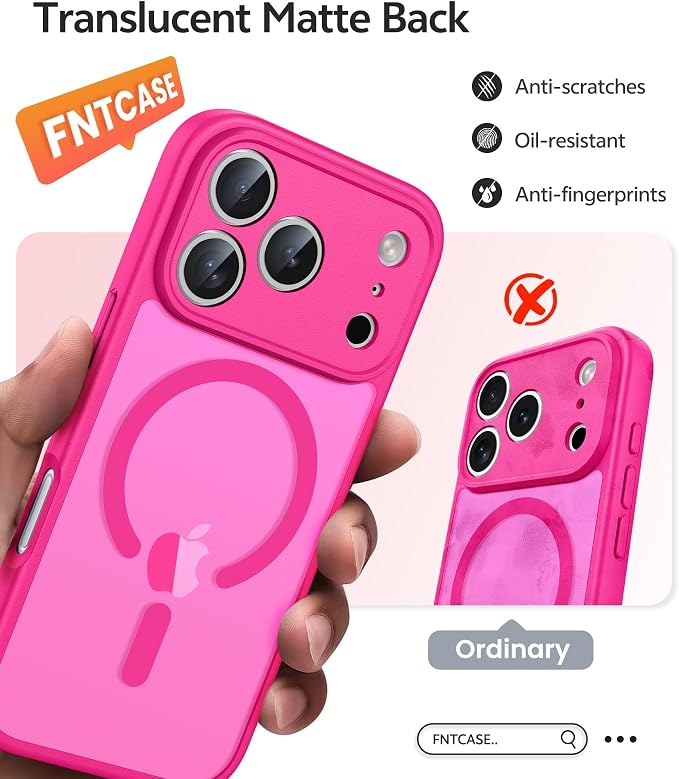 FNTCASE for iPhone 17 Pro Max Case: [Compatible with Magsafe] Translucent Matte Cases with [Full Camera Protection] [Screen Protector] Military Grade Shockproof Protective Phone Cover - Hot Pink