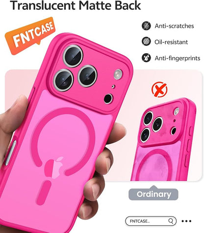 FNTCASE for iPhone 17 Pro Max Case: [Compatible with Magsafe] Translucent Matte Cases with [Full Camera Protection] [Screen Protector] Military Grade Shockproof Protective Phone Cover - Hot Pink