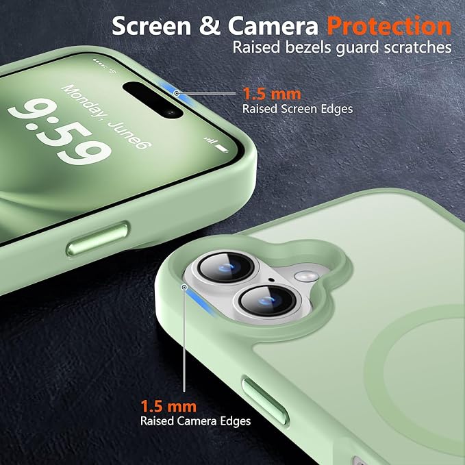 MOCCA Strong Magnetic for iPhone 16 Case, [Compatible with Magsafe][16FT Mil-Grade Drop Protection] Slim Thin Translucent Matte Protective Cover Case for iPhone 16 Phone Case 6.1", Light Green