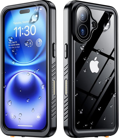 SPIDERCASE for iPhone 16 Case Waterproof, Built-in Lens & Screen Protector, Full Heavy Duty Protection, 12FT Military Shockproof, Dustproof, Anti-Scratched Phone Case,Black