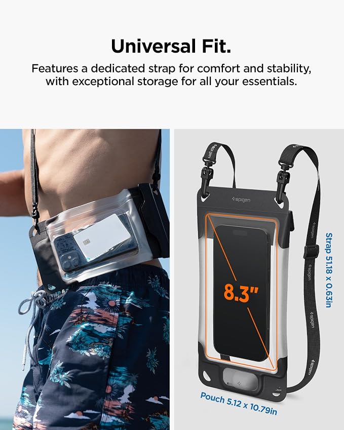 Spigen Universal Waterproof Phone Pouch with Vacuum Seal Technology & Built-in Pump, IP68 Certified Dry Bag Case for iPhone, Galaxy, Pixel with Clear Touchscreen & Anti-Fog Design - Charcoal Gray