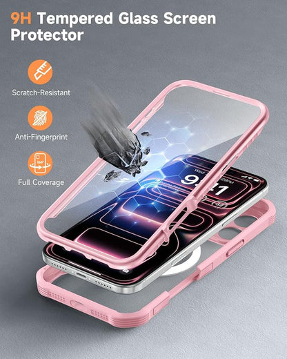 seacosmo for iPhone 17 Pro Case, Full Body Bumper with Built-in Tempered Glass Screen Protector and Camera Lens Protection, Compatible with MagSafe, Shockproof 17 Pro Phone Case, 6.9", Pink