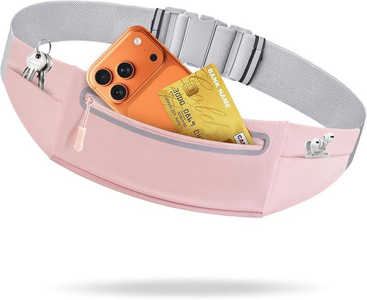Slim Running Belt for Men Women - No-Bounce Phone Holder Waist Pack, Runners Fanny Pack with Sweat-Proof Pocket ，Travel Money Pouch for Gym/Hiking/Cycling (Light Pink)