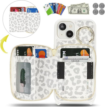 Crossbody Wallet Case for iPhone 14, PU Leather Zipper Handbag Purse Flip Cover, Kickstand Folio Case with Card Slots Holder Wrist Strap Lanyard 5G 6.1 Inch-White Leopard