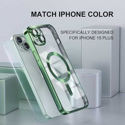 Misea Magnetic for iPhone 15 Plus Case Compatible with MagSafe [Never Yellowing] [Military Grade Drop Protection] Full Camera Lens Protector Plating Soft Clear Phone Case for Women, Green