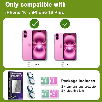 2-Pack Shatterproof Camera Lens Protector for iPhone 16/16 Plus |AR Tempered Glass Strong Adsorption Metal Camera Cover Screen(Cyan)