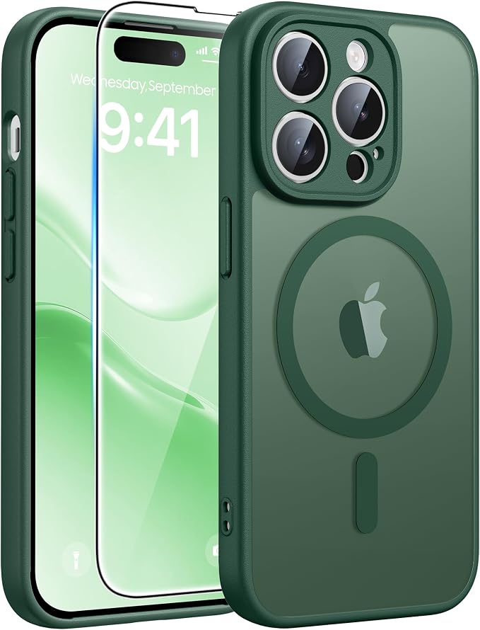 FNTCASE for iPhone 14 Pro Case: [Compatible with Magsafe] Translucent Matte Cases with [Full Camera Protection] [Screen Protector] Military Grade Shockproof Protective Phone Cover - Green