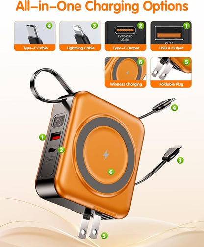 10000mAh for Magsafe Portable Charger Built-in Cables & AC Wall Plug,Orange | 6-in-1,PD 22.5W USB C Fast Charging,15W Magnetic Wireless Charging,Charge 5 devices at once,LED Display Travel Power Bank