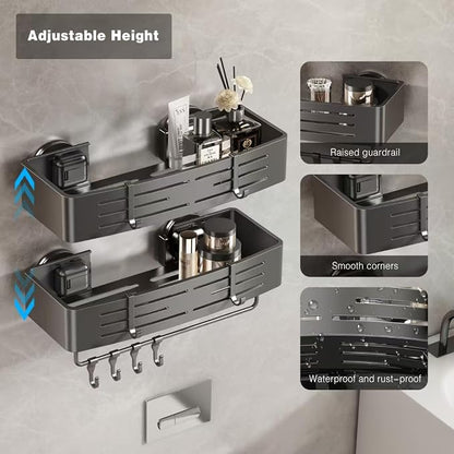 Voldra Shower Caddy Suction Cup, 1 Pack Shower Shelves for Inside Shower No Drilling, Aluminum Suction Showers Organizer with Towel Bar & Hooks Removable Bathroom Shelf Storage Rack(Gray)