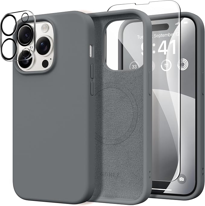GONEZ for iPhone 14 Pro Case, Compatible with Magsafe, with Screen Protector + Camera Lens Protector, Soft Anti-Scratch Microfiber Lining, Shockproof Liquid Silicone Phone Cover, Dark Grey