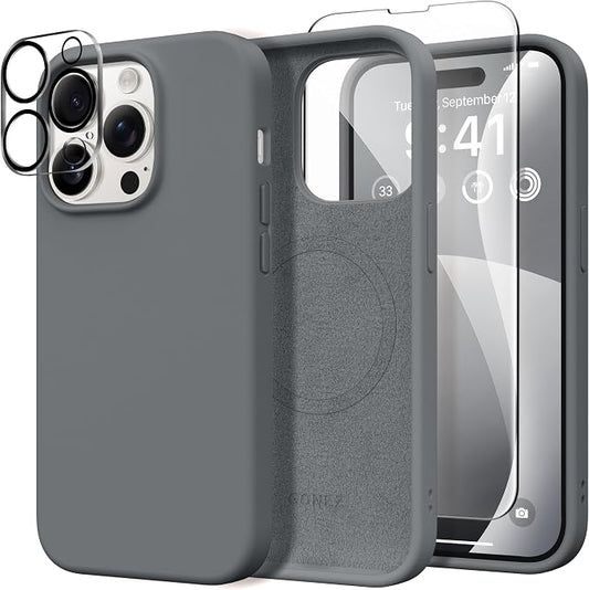 GONEZ for iPhone 14 Pro Case, Compatible with Magsafe, with Screen Protector + Camera Lens Protector, Soft Anti-Scratch Microfiber Lining, Shockproof Liquid Silicone Phone Cover, Dark Grey