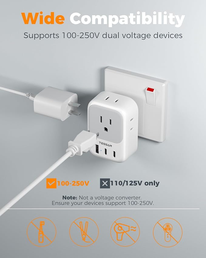 TESSAN Type D Travel Adapter 2 Pack US to India Plug Adapter | 4 Outlets 3 USB (2 USB-C), For India Nepal Maldives Pakistan Bangladesh Sri Lanka Bhutan Yemen