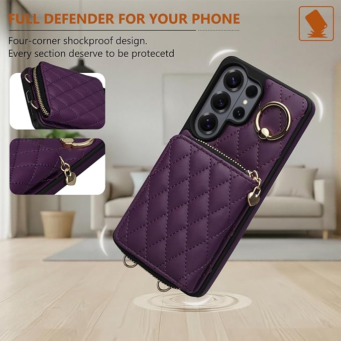 Keallce Case for Samsung Galaxy S26 Ultra 6.9'' Wallet Case,Crossbody Zipper Purse Wrist Strap Lanyard Handbag,RFID Blocking Card Slots,Flip Leather Cover for Samsung S26 Ultra,Darkpurple